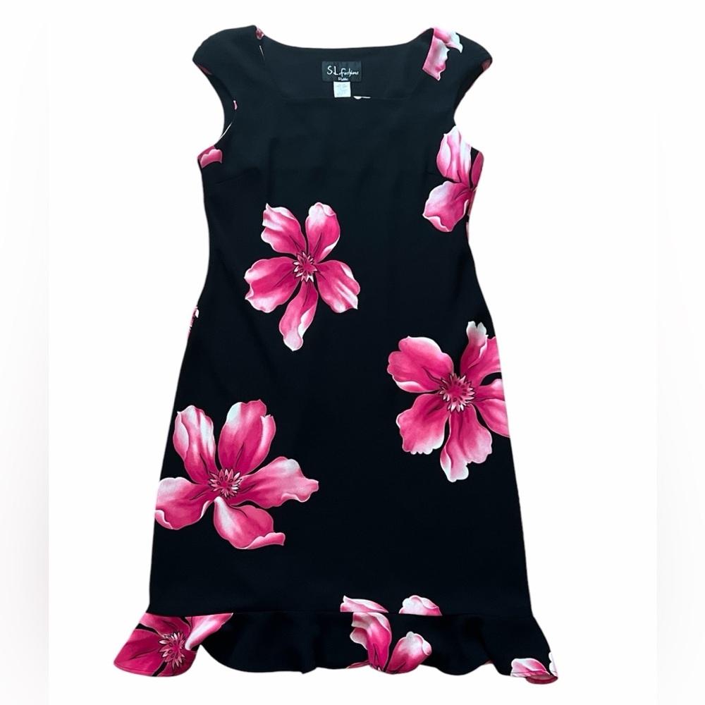 SL Fashions Black Dress with Pink Floral Design